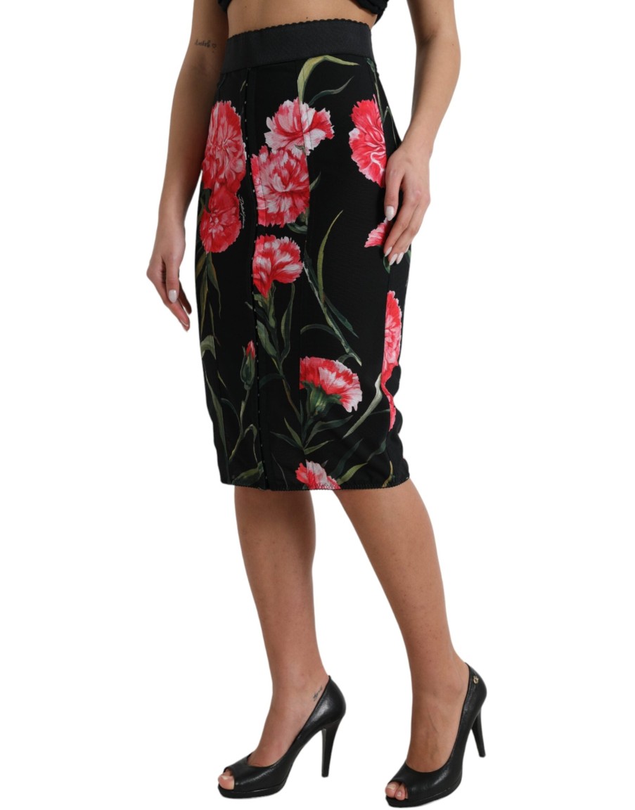 Women Dolce & Gabbana Women'S Skirts | Dolce & Gabbana Black Carnation Pencil Cut Knee Length Skirt