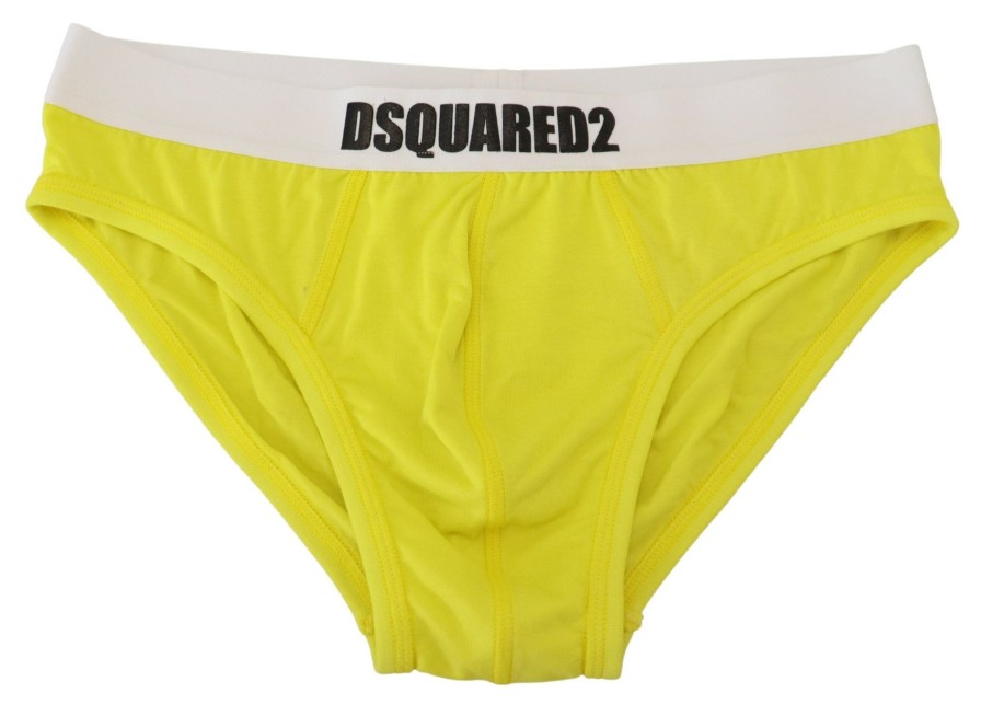 Men Dsquared² Men'S Underwear | Dsquared Yellow White Logo Modal Stretch Men Brief Underwear