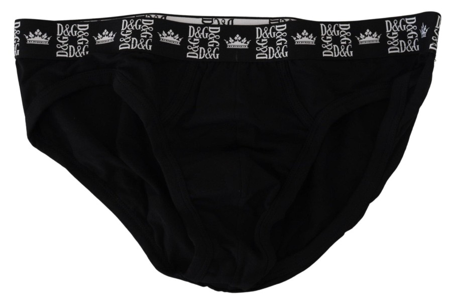 Men Dolce & Gabbana Men'S Underwear | Dolce & Gabbana Black Cotton Stretch Midi Brief Underwear