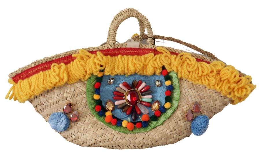 Women Dolce & Gabbana Women'S Handbags | Dolce & Gabbana Multicolor Pompom Balls Crystals Hand Straw