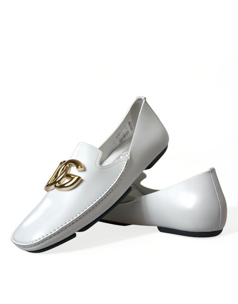 Men Dolce & Gabbana | Dolce & Gabbana White Leather Dg Logo Men Loafer Dress Shoes