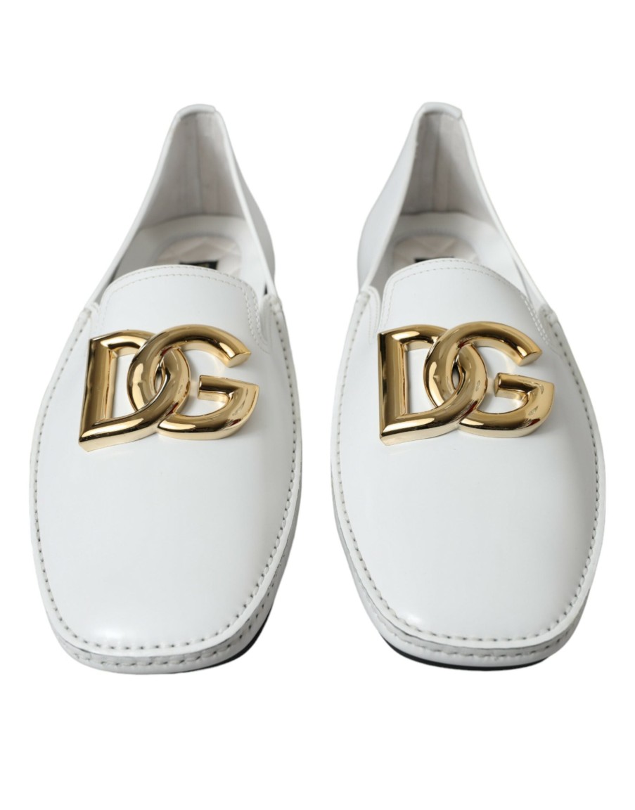 Men Dolce & Gabbana | Dolce & Gabbana White Leather Dg Logo Men Loafer Dress Shoes