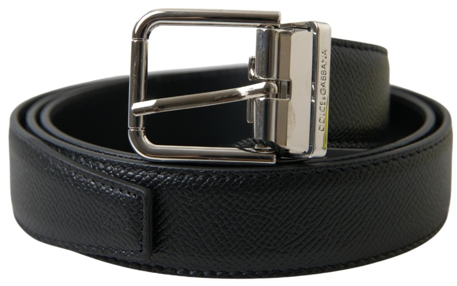 Men Dolce & Gabbana Men'S Belts | Dolce & Gabbana Black Leather Silver Metal Buckle Belt