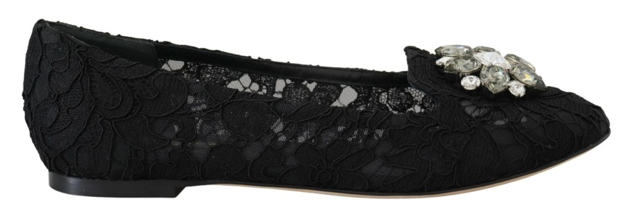 Women Dolce & Gabbana Women'S Flat Shoes | Dolce & Gabbana Black Taormina Lace Crystals Flats Shoes