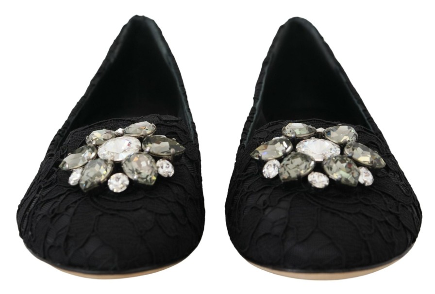 Women Dolce & Gabbana Women'S Flat Shoes | Dolce & Gabbana Black Taormina Lace Crystals Flats Shoes