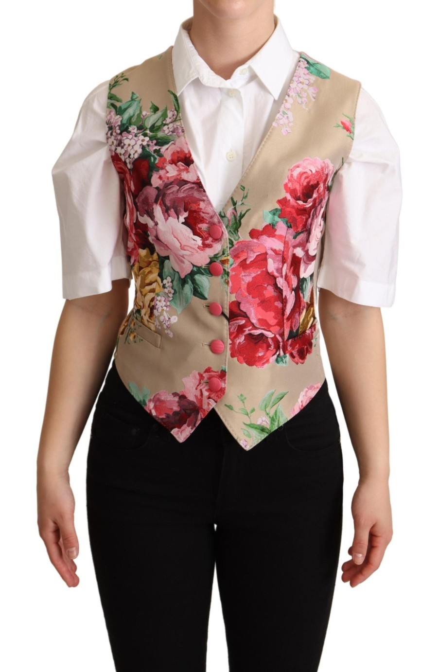 Women Dolce & Gabbana Women'S Vest | Dolce & Gabbana Beige Jacquard Floral Print Waistcoat Vest