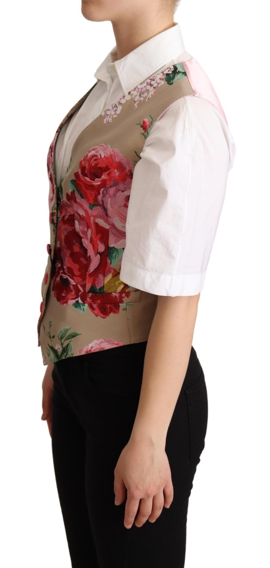 Women Dolce & Gabbana Women'S Vest | Dolce & Gabbana Beige Jacquard Floral Print Waistcoat Vest