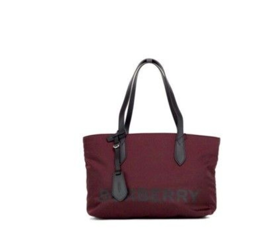 Women Burberry Women'S Tote Bags | Burberry Small Burgundy Logo Branded Econyl Nylon Tote Shoulder Handba