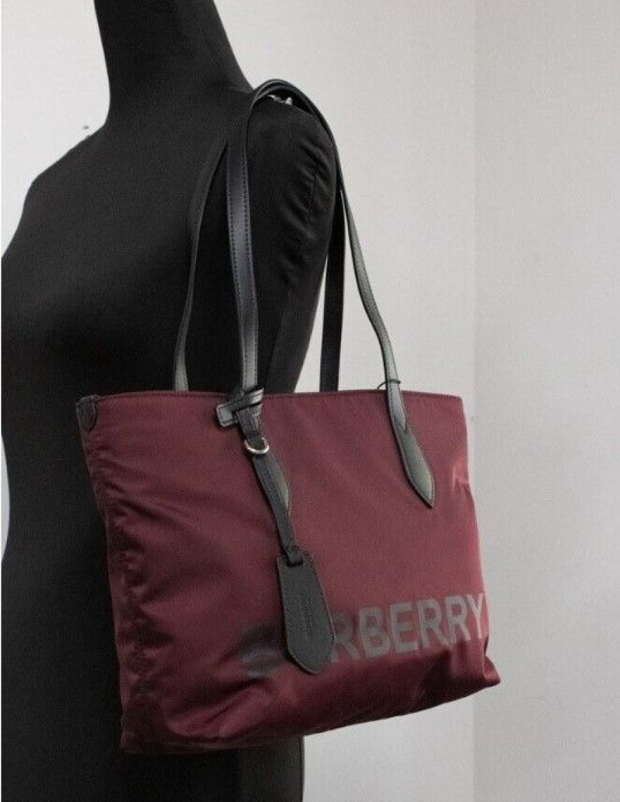 Women Burberry Women'S Tote Bags | Burberry Small Burgundy Logo Branded Econyl Nylon Tote Shoulder Handba