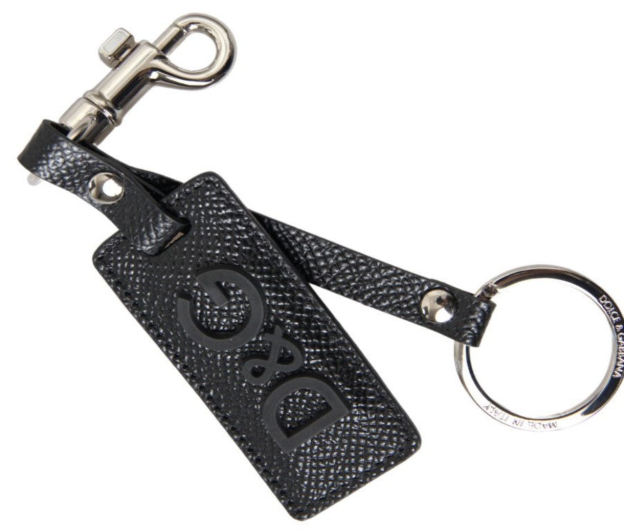 Men Dolce & Gabbana Men'S Keychains | Dolce & Gabbana Black Dg Logo Leather Silver Metal Keychain