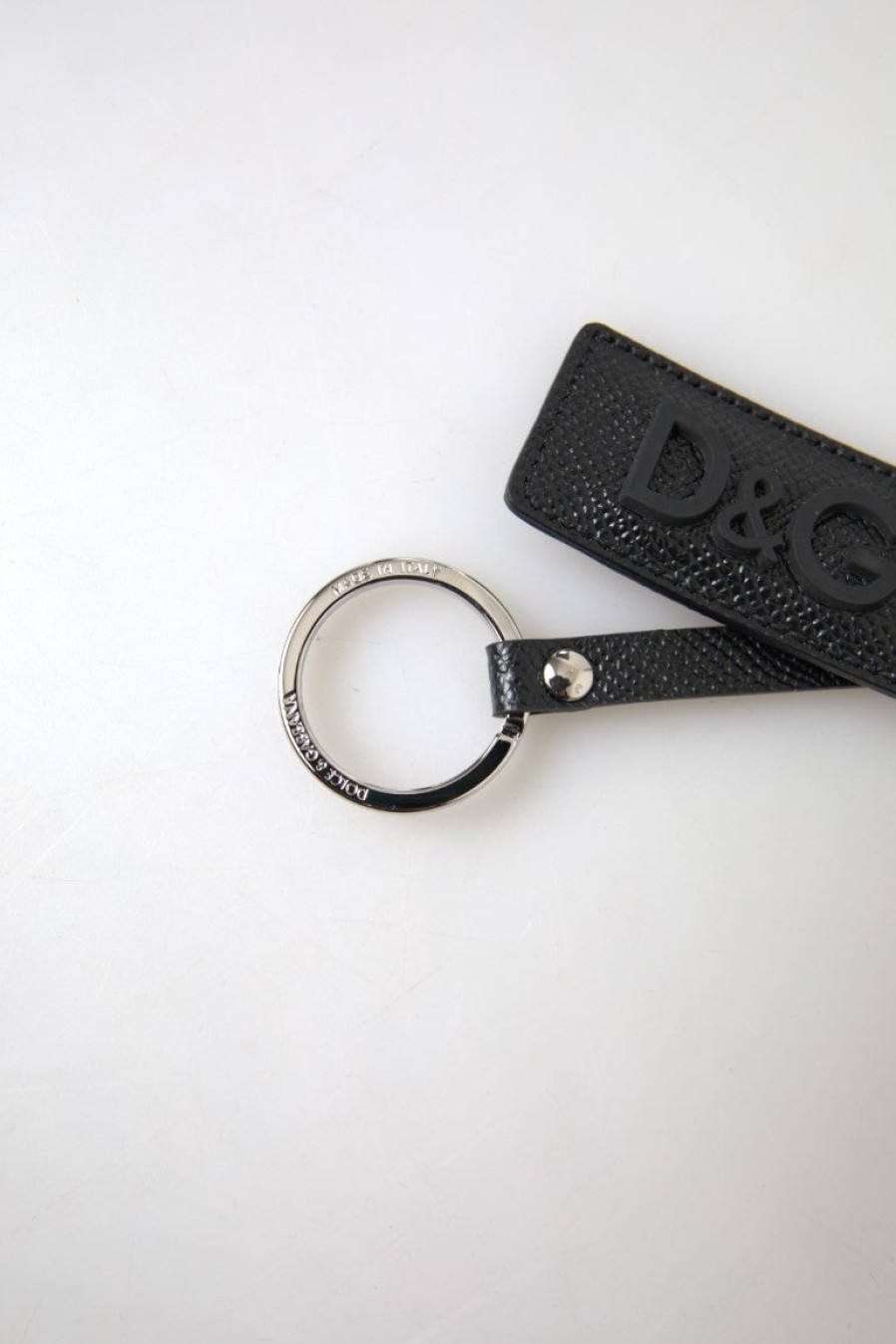 Men Dolce & Gabbana Men'S Keychains | Dolce & Gabbana Black Dg Logo Leather Silver Metal Keychain