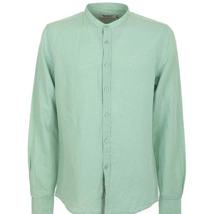 Men Fred Mello Men'S Shirts | Fred Mello Apple Green Mandarin Collar Linen Shirt