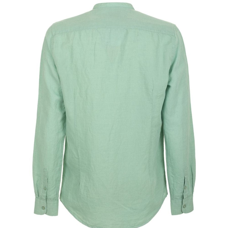 Men Fred Mello Men'S Shirts | Fred Mello Apple Green Mandarin Collar Linen Shirt