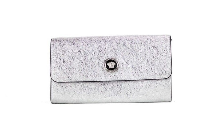 Women Versace Women'S Wallets | Versace Small Metallic Silver Lamb Leather Medusa Clutch Crossbody Wal