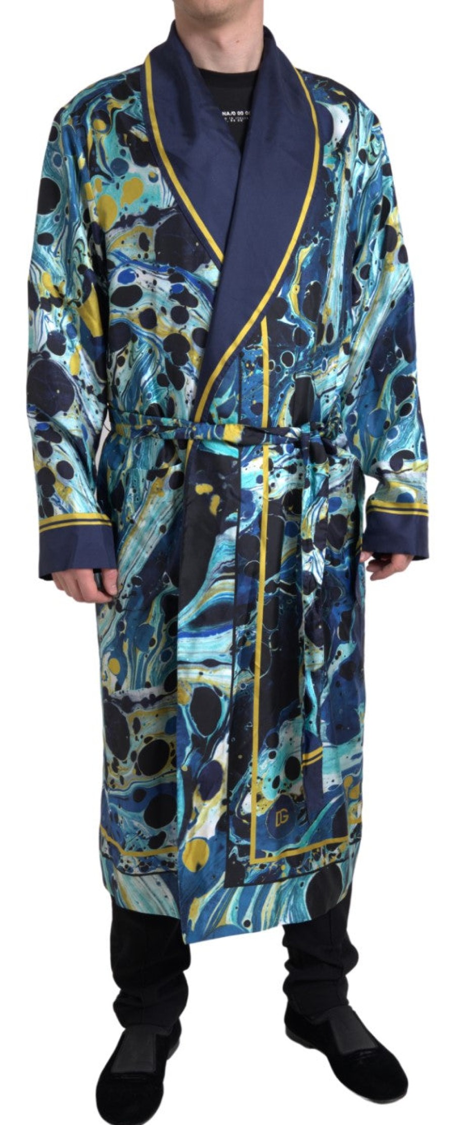 Men Dolce & Gabbana Men'S Sleepwear | Dolce & Gabbana Marble Blue Silk Waist Belt Robe Sleepwear