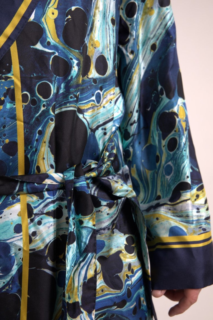 Men Dolce & Gabbana Men'S Sleepwear | Dolce & Gabbana Marble Blue Silk Waist Belt Robe Sleepwear