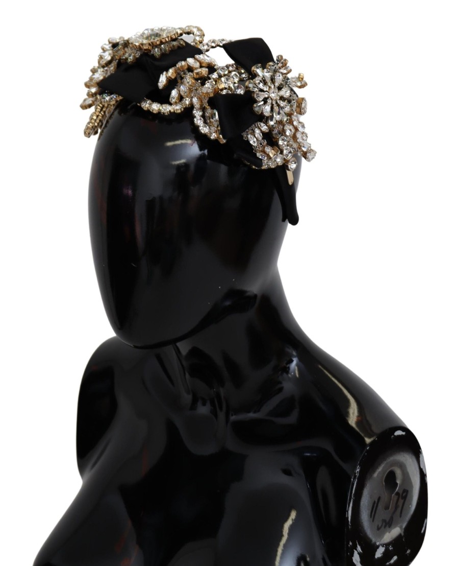 Women Dolce & Gabbana Women'S Headbands | Dolce & Gabbana Black Gold Clear Crystal Embellished Silk Fiocco Diade