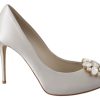 Women Dolce & Gabbana Women'S Pumps | Dolce & Gabbana White Crystals Peep Toe Heels Satin Pumps Shoes