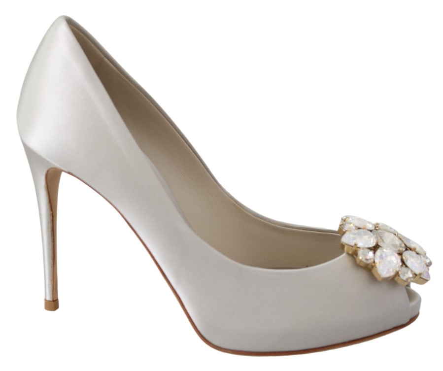 Women Dolce & Gabbana Women'S Pumps | Dolce & Gabbana White Crystals Peep Toe Heels Satin Pumps Shoes