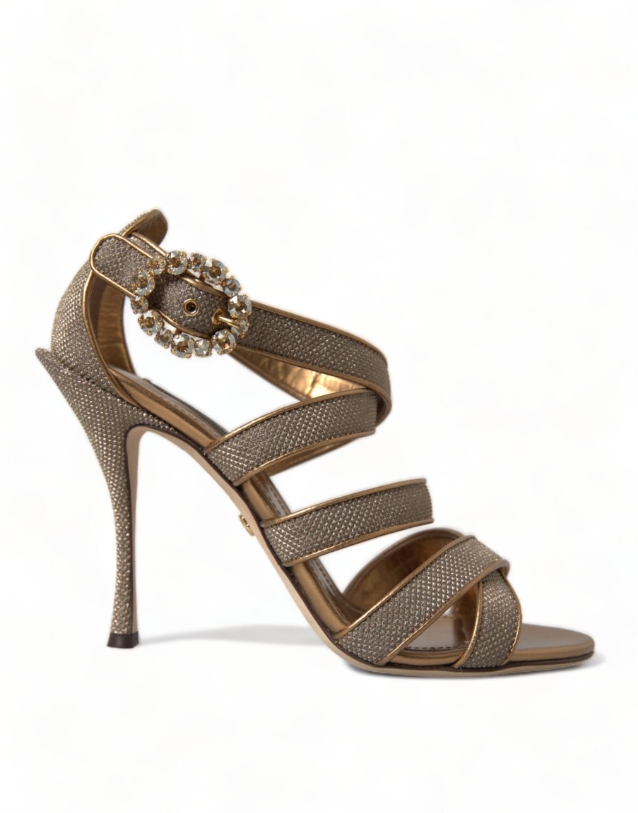 Women Dolce & Gabbana Women'S Sandals | Dolce & Gabbana Bronze Crystal Strap Heels Sandals Shoes