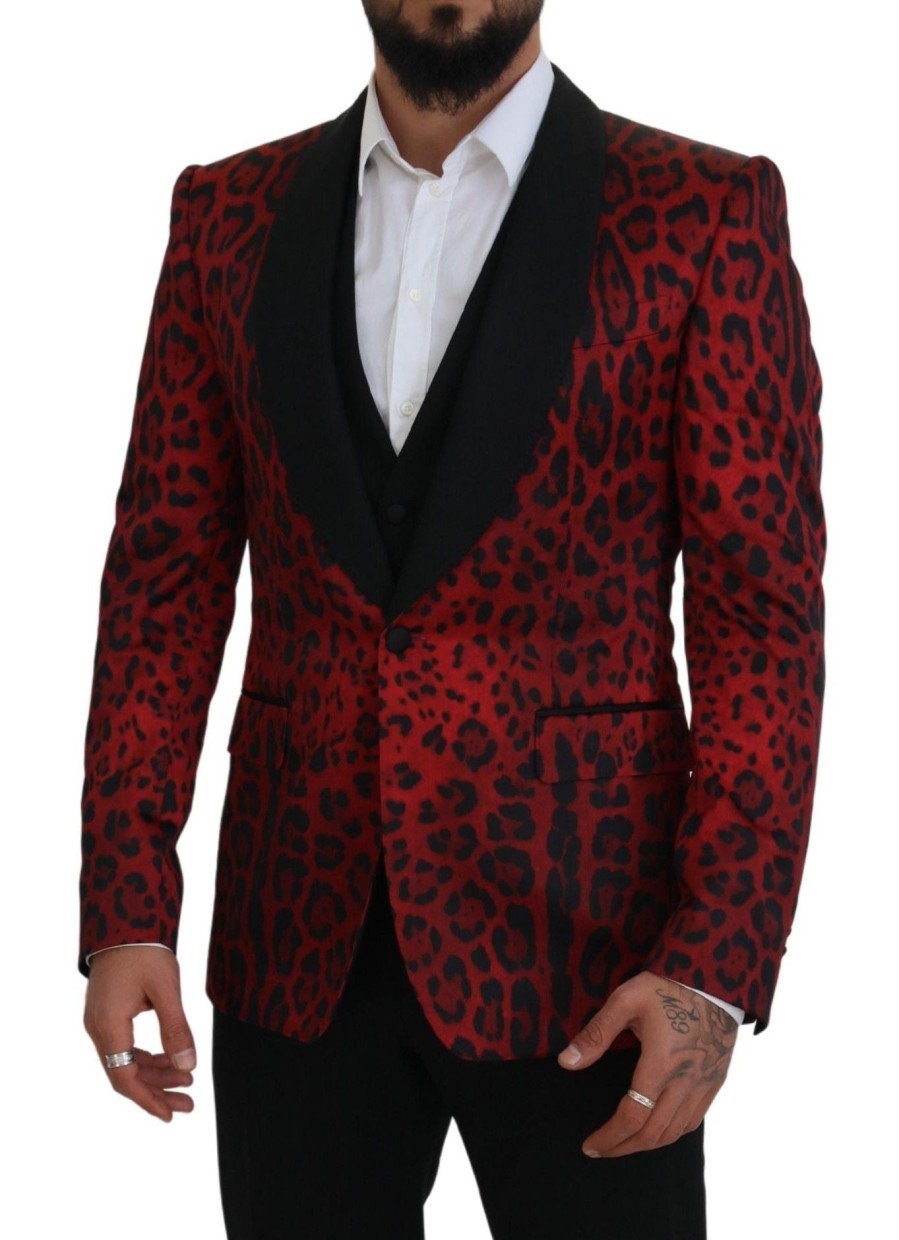 Men Dolce & Gabbana Men'S Suits | Dolce & Gabbana Red Sicilia Leopard Formal 3 Piece Set Suit