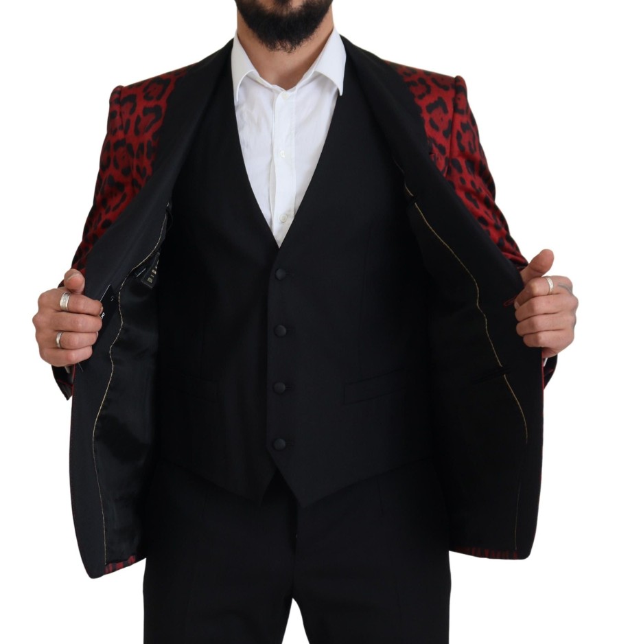 Men Dolce & Gabbana Men'S Suits | Dolce & Gabbana Red Sicilia Leopard Formal 3 Piece Set Suit