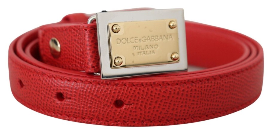 Women Dolce & Gabbana Women'S Belts | Dolce & Gabbana Red Leather Gold Engraved Metal Buckle Belt