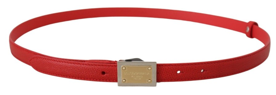 Women Dolce & Gabbana Women'S Belts | Dolce & Gabbana Red Leather Gold Engraved Metal Buckle Belt