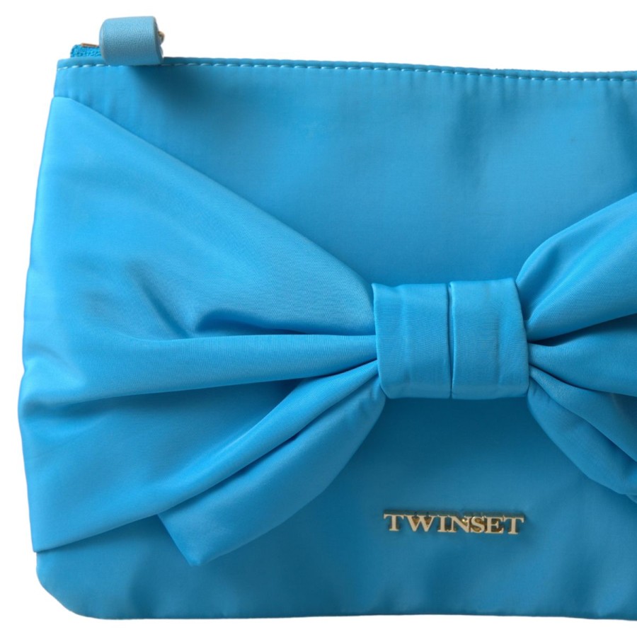 Women Twinset Women'S Clutch Bags | Twinset Blue Tafta Silk Large Bow Zipper Clutch Women Borse Logo Bag