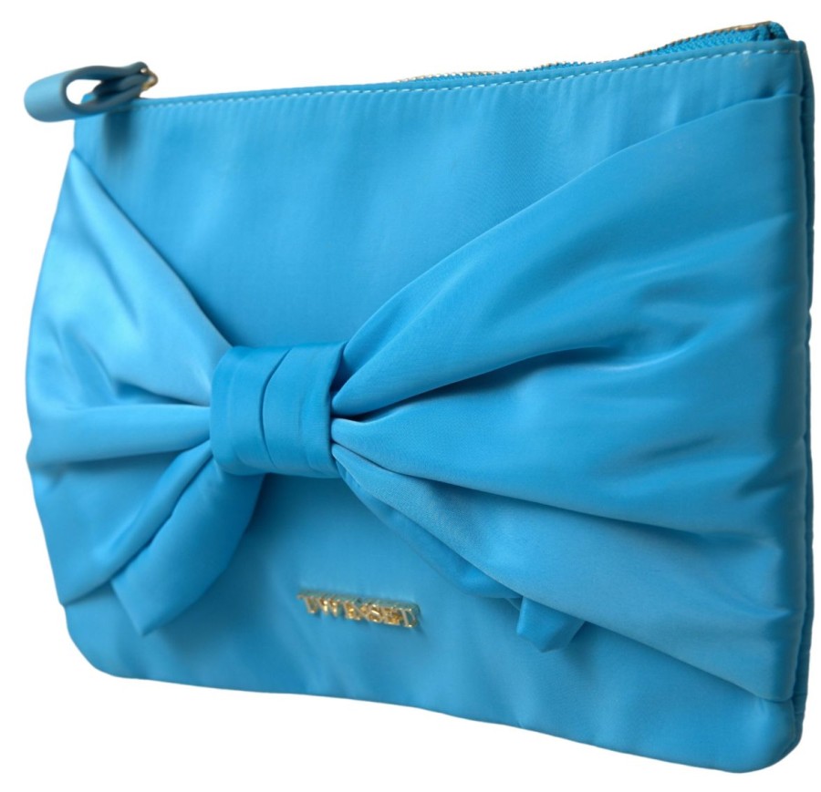 Women Twinset Women'S Clutch Bags | Twinset Blue Tafta Silk Large Bow Zipper Clutch Women Borse Logo Bag