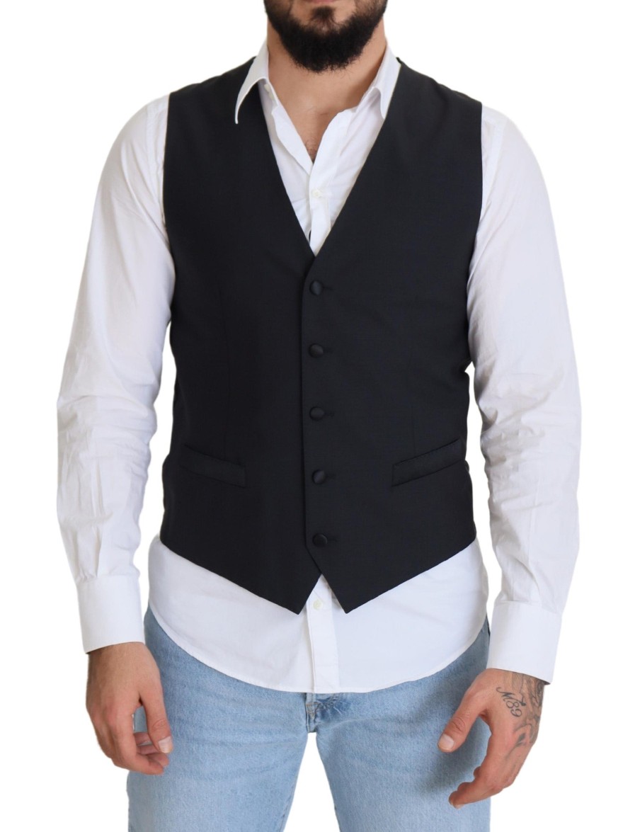 Men Dolce & Gabbana Men'S Vests | Dolce & Gabbana Black Wool Stretch Waistcoat Formal Vest