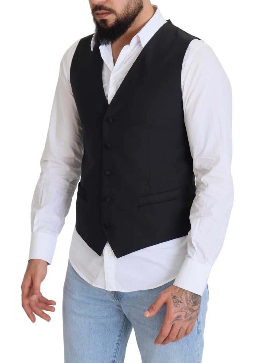 Men Dolce & Gabbana Men'S Vests | Dolce & Gabbana Black Wool Stretch Waistcoat Formal Vest