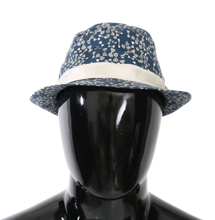 Men Dolce & Gabbana Men'S Hats & Caps | Dolce & Gabbana Blue White Cotton Bow Print Fedora Hat