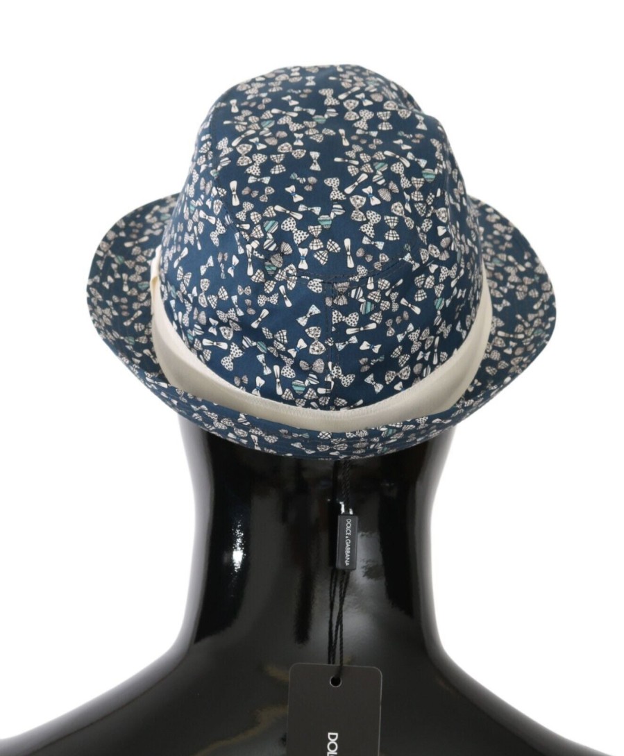 Men Dolce & Gabbana Men'S Hats & Caps | Dolce & Gabbana Blue White Cotton Bow Print Fedora Hat