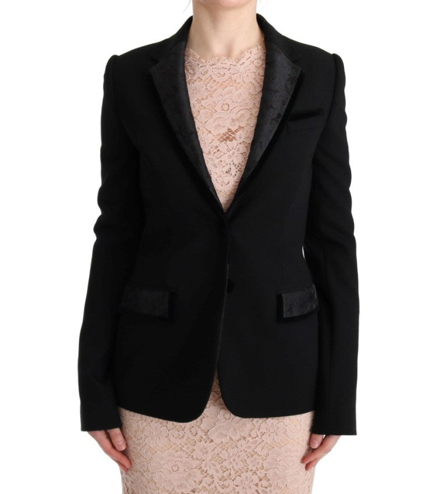 Women Dolce & Gabbana Women'S Suits & Blazers | Dolce & Gabbana Black Floral Jacquard Slim Blazer