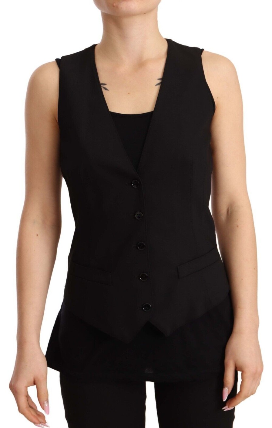 Women Dolce & Gabbana Women'S Vest | Dolce & Gabbana Black Button Down Sleeveless Vest Wool Top