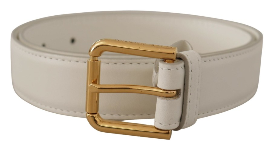 Women Dolce & Gabbana Women'S Belts | Dolce & Gabbana White Calf Leather Gold Tone Logo Metal Buckle Belt