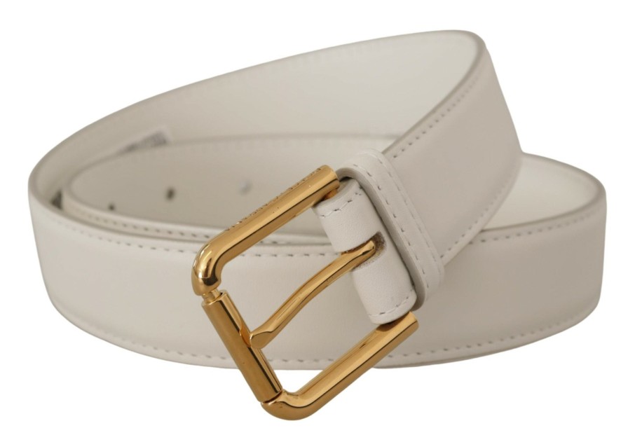 Women Dolce & Gabbana Women'S Belts | Dolce & Gabbana White Calf Leather Gold Tone Logo Metal Buckle Belt