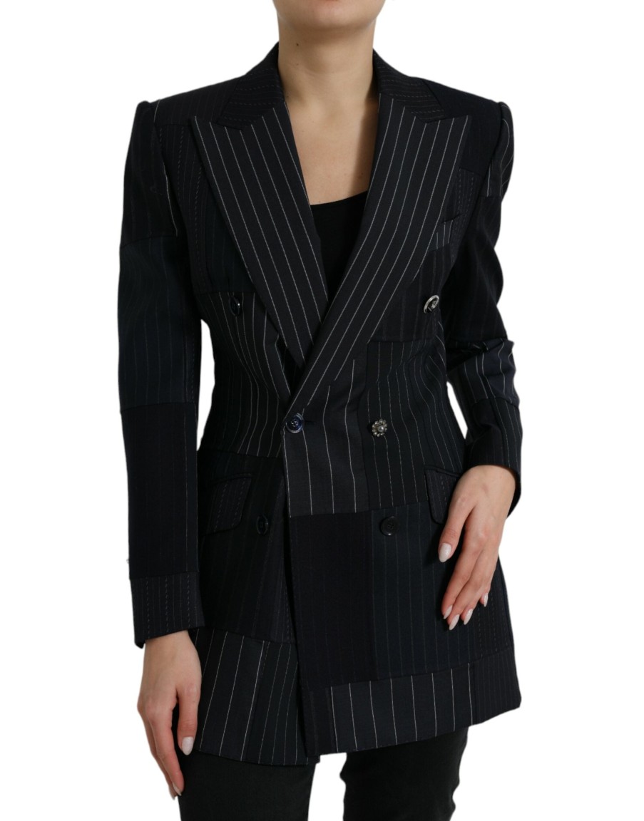 Women Dolce & Gabbana Women'S Jackets & Coats | Dolce & Gabbana Black Striped Wool Doublebreasted Coat Jacket