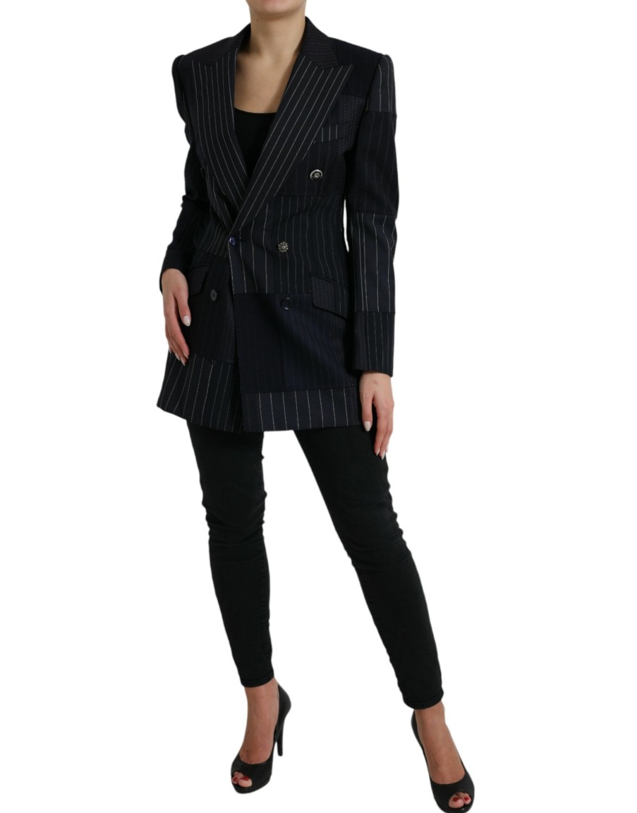 Women Dolce & Gabbana Women'S Jackets & Coats | Dolce & Gabbana Black Striped Wool Doublebreasted Coat Jacket