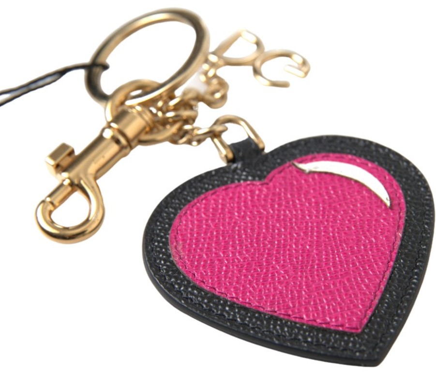 Women Dolce & Gabbana Women'S Keychains | Dolce & Gabbana Black Fuchsia Heart Leather Gold Metal Keyring Keychai