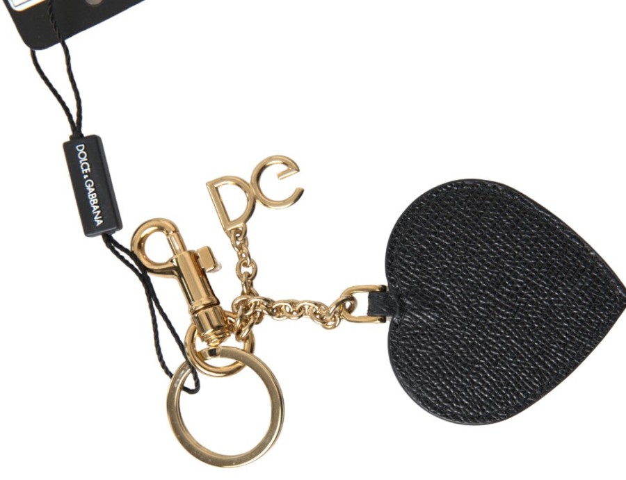 Women Dolce & Gabbana Women'S Keychains | Dolce & Gabbana Black Fuchsia Heart Leather Gold Metal Keyring Keychai