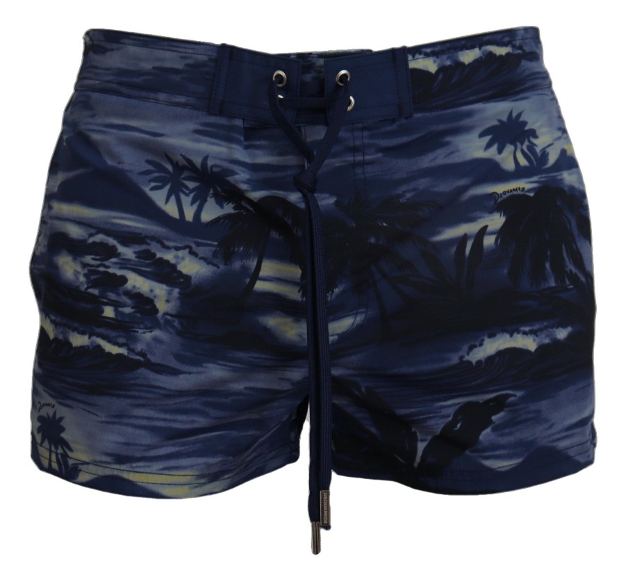 Men Dsquared² Men'S Swimwear | Dsquared Blue Tropical Wave Design Beachwear Shorts Swimwear