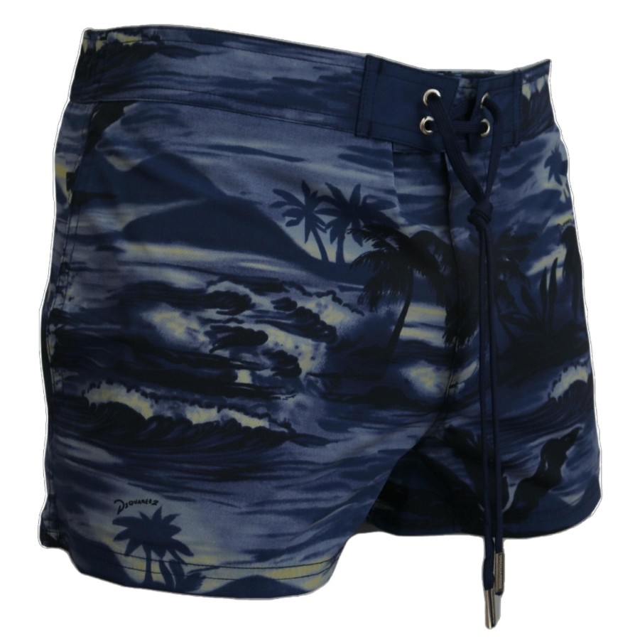 Men Dsquared² Men'S Swimwear | Dsquared Blue Tropical Wave Design Beachwear Shorts Swimwear