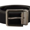 Men Dolce & Gabbana Men'S Belts | Dolce & Gabbana Black Calf Leather Logo Engraved Metal Buckle Belt