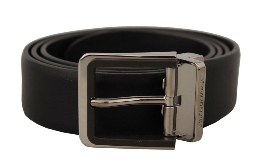 Men Dolce & Gabbana Men'S Belts | Dolce & Gabbana Black Calf Leather Logo Engraved Metal Buckle Belt