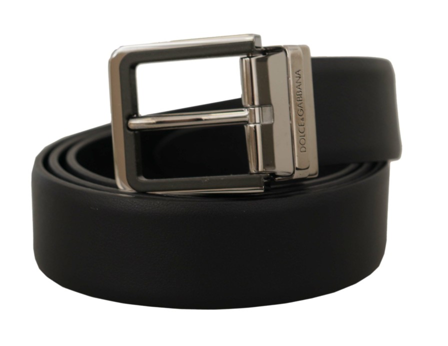 Men Dolce & Gabbana Men'S Belts | Dolce & Gabbana Black Calf Leather Logo Engraved Metal Buckle Belt