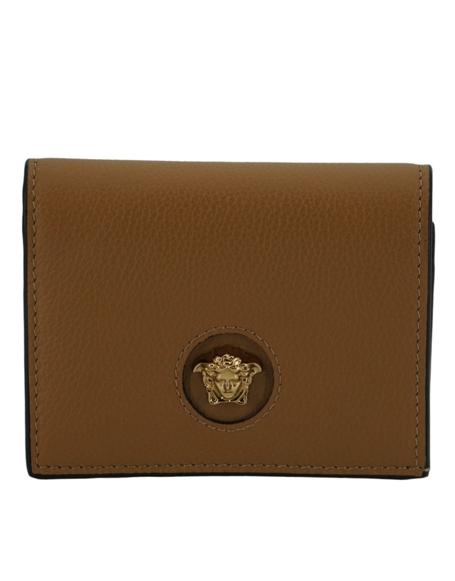 Women Versace Women'S Wallets | Versace Brown Calf Leather Compact Wallet