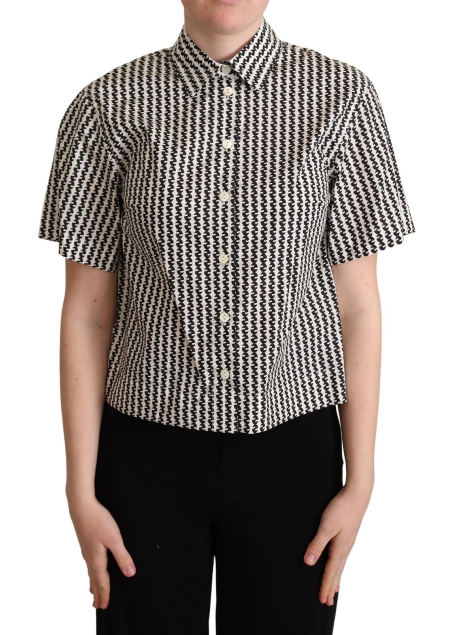 Women Dolce & Gabbana Women'S Shirts | Dolce & Gabbana White Black Fantasy Pattern Shirt