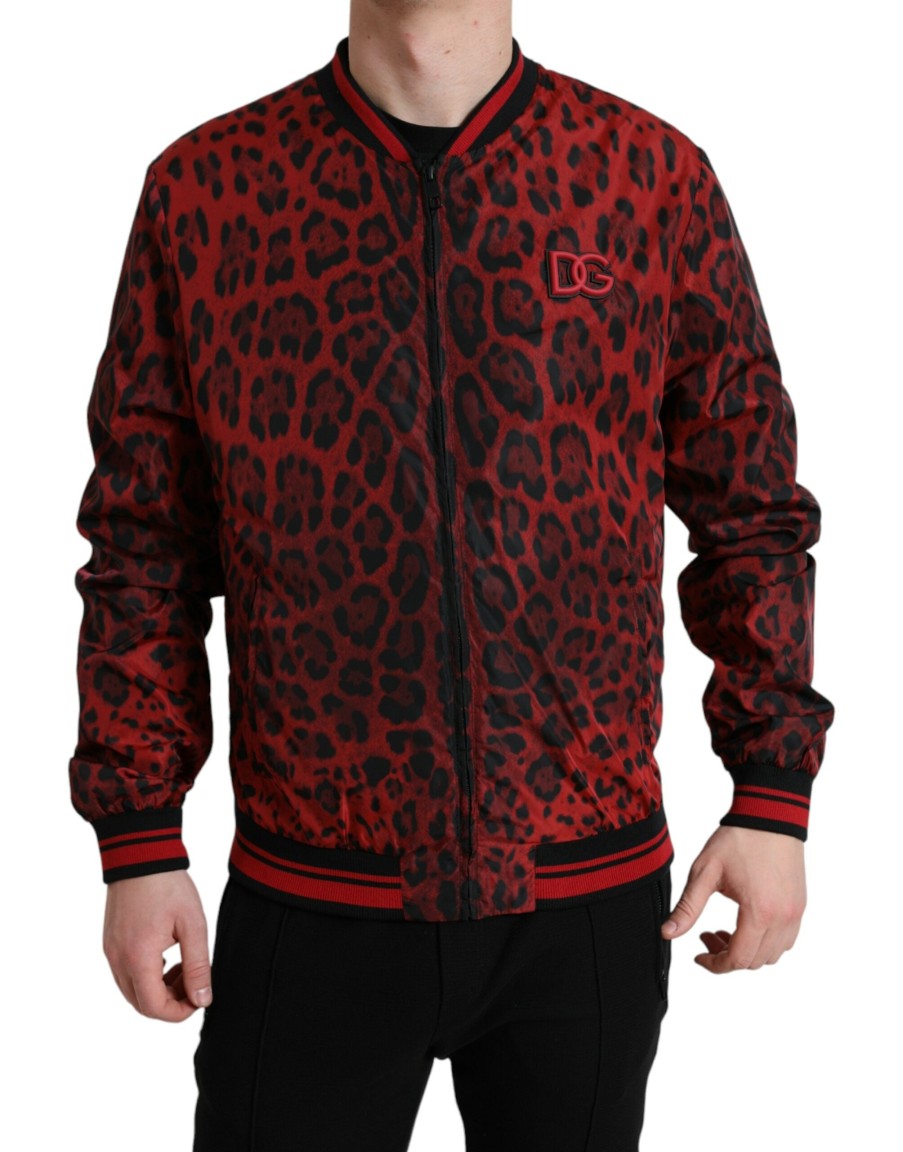 Men Dolce & Gabbana Men'S Jackets | Dolce & Gabbana Red Leopard Nylon Bomber Full Zip Jacket